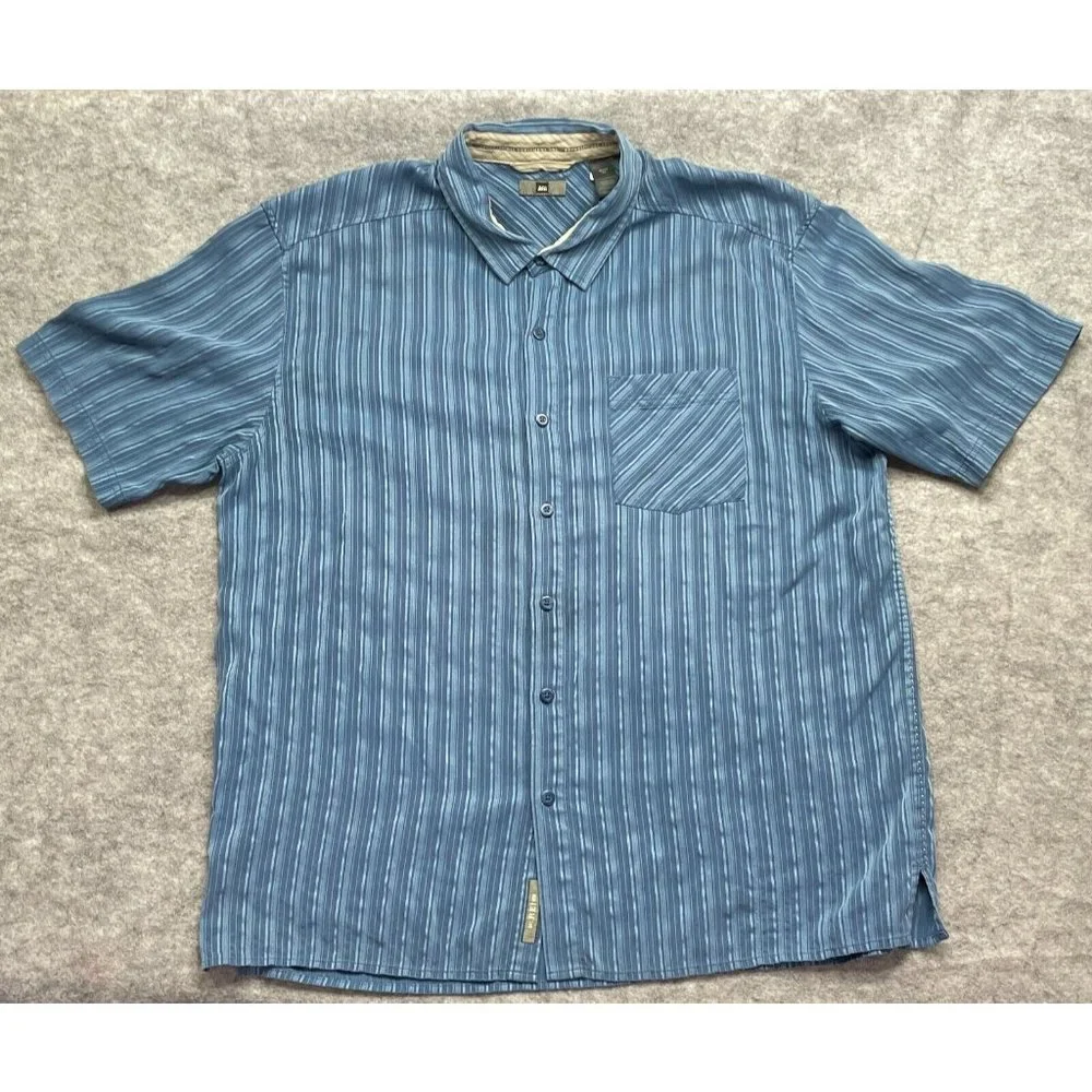 REI Short Sleeve Striped Button Up Shirt Blue Outdoor Polyester Men XL